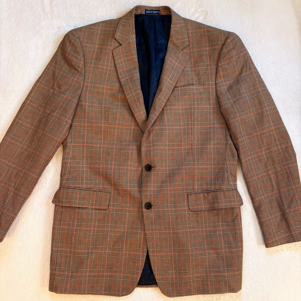 Nautica Men's Brown Windowpane Plaid Sport Coat with Subtle Orange Accents Sz 42